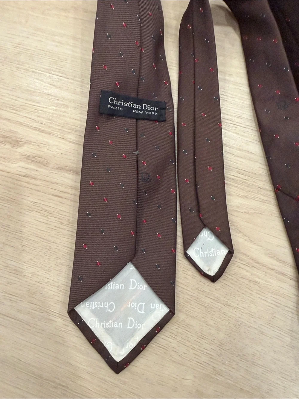 Christian Dior Brown Men's Silk Tie with Red & Blue Microdots